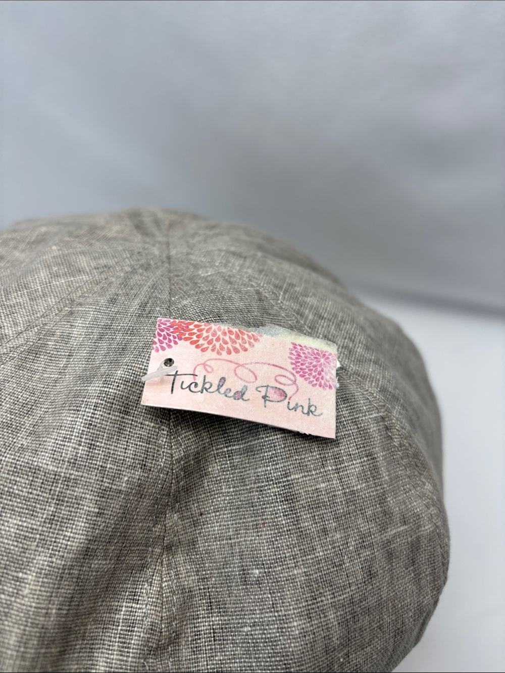 Neutral Linen-Look Bucket Hat with Brown Check Flower Accent#514 - Picture 2 of 10